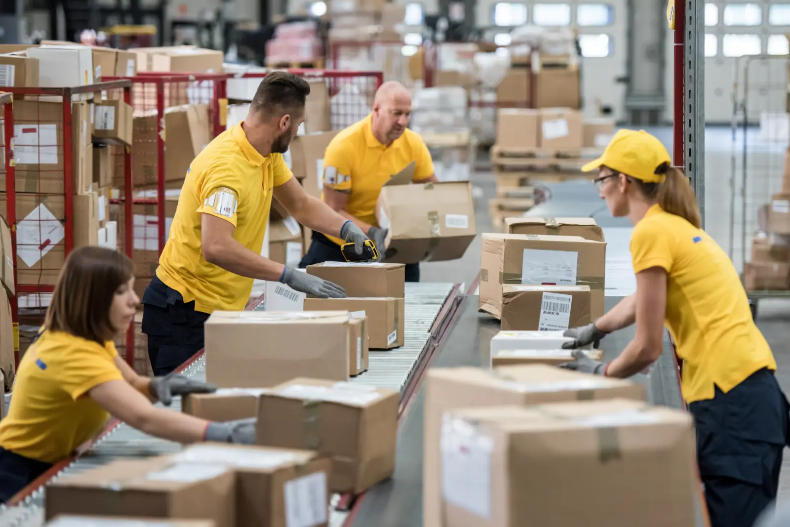 Team packing parcels on the shipping line
