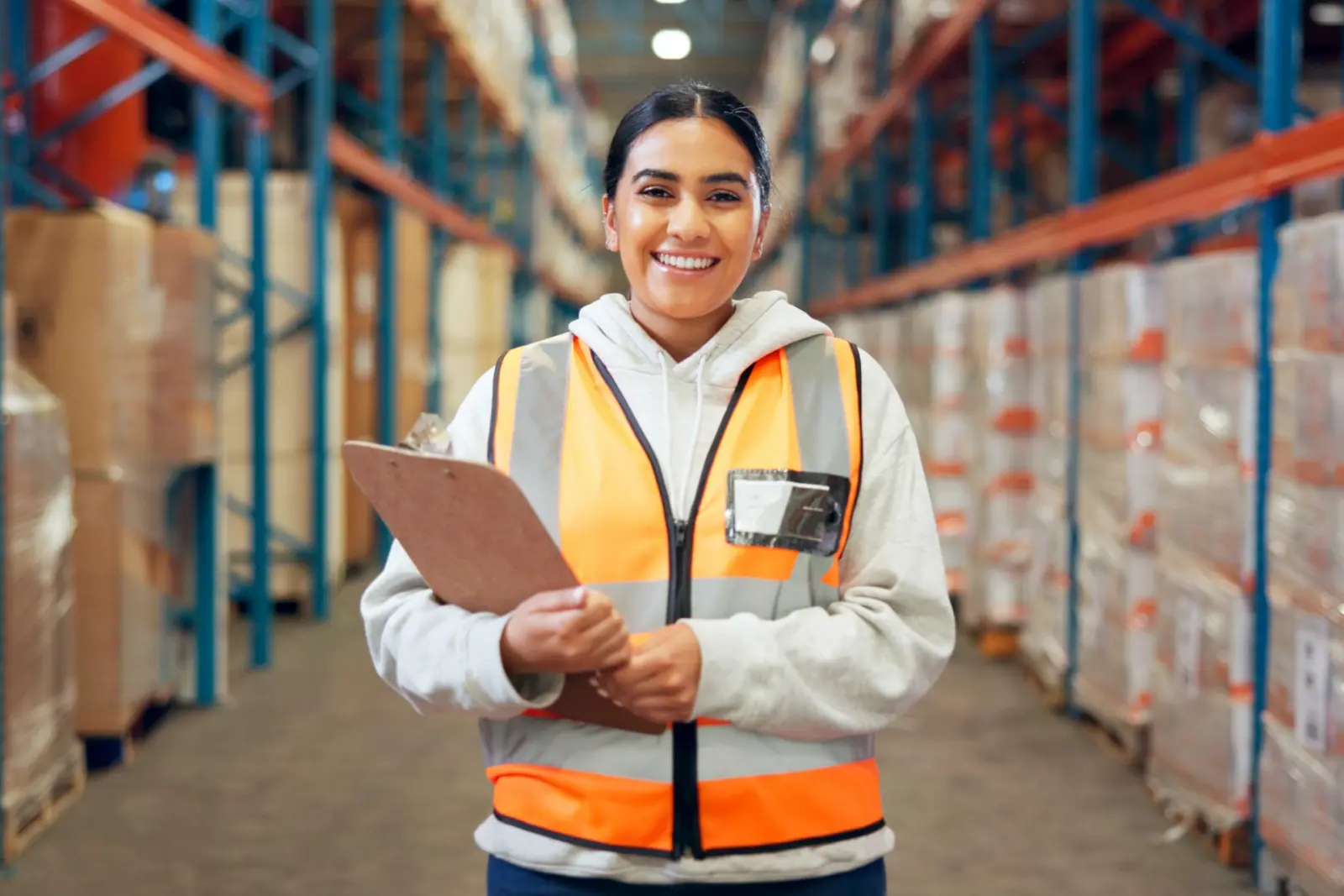 Smiling warehouse worker holding a clipboard
