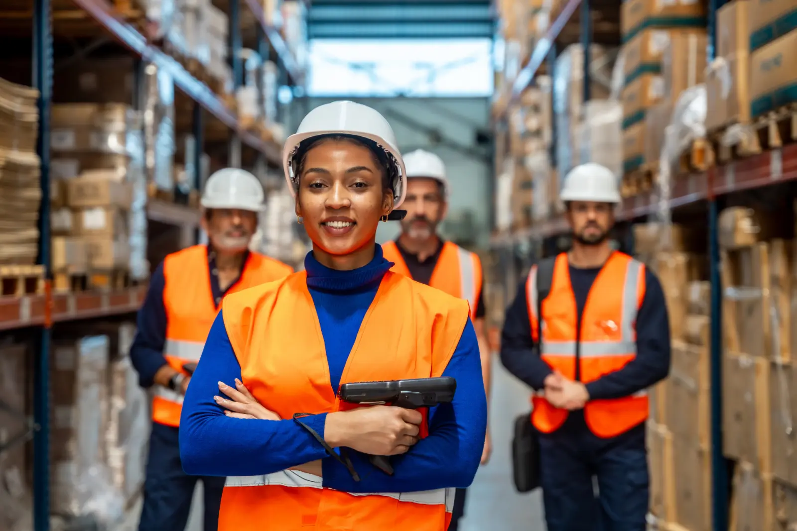 Warehouse team wearing hard hats