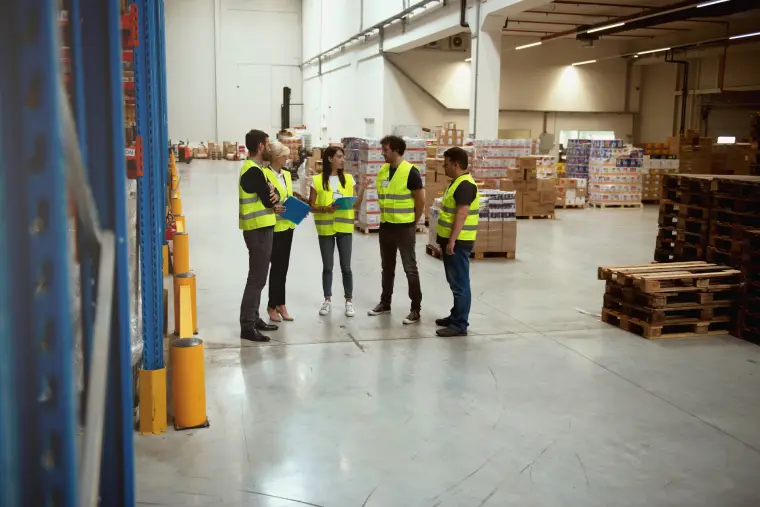 Warehouse team at the start-of-shift briefing